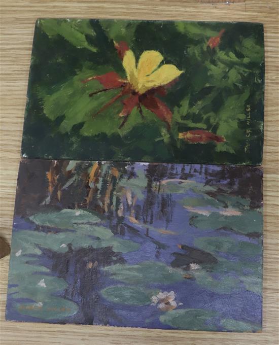 Stanley Miller, two oils on board, Studies of waterlilies, 13 x 20cm and a S.L. Moss, watercolour, Riverscape,